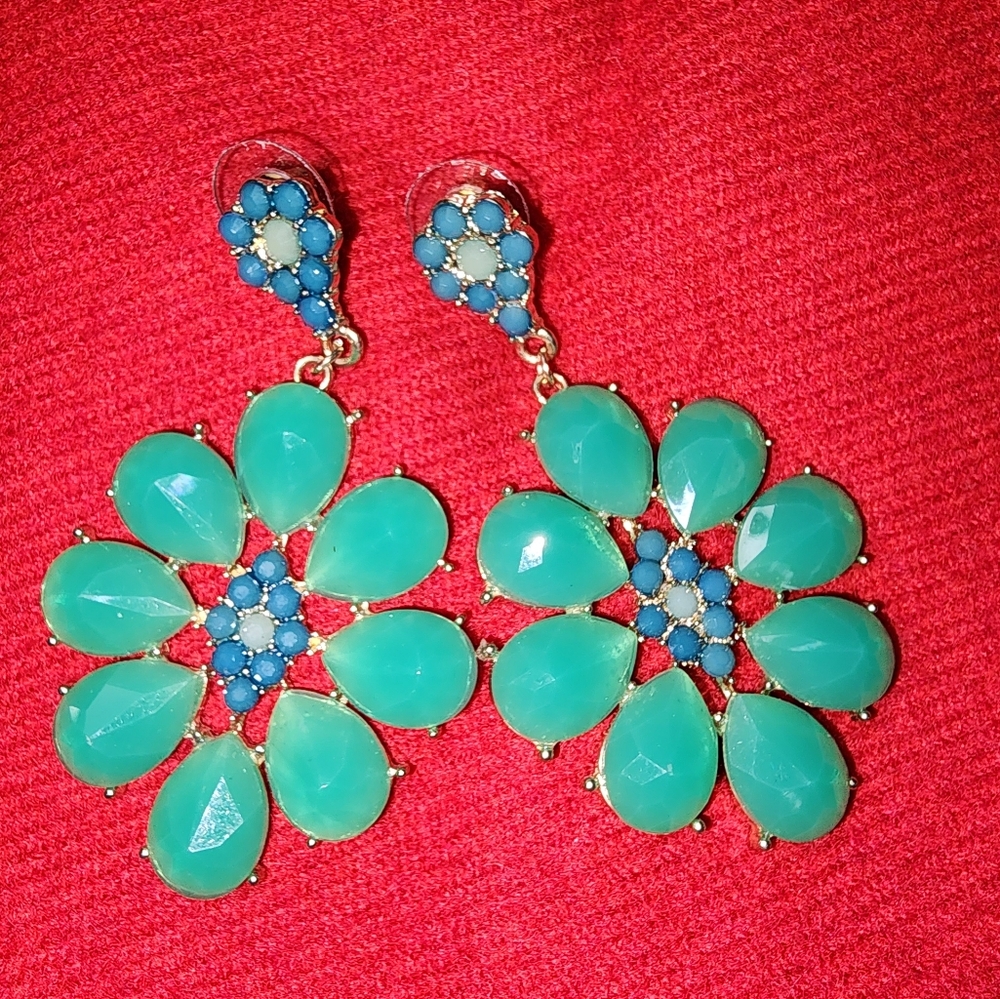 Green and Blue Goldtone Chunky Dangle Earrings